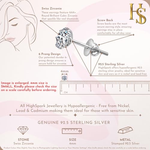 HIGHSPARK 925 Silver Solitaire Screwback Stud Earrings | 92.5 Sterling Silver & Round Brilliant Cubic Zirconia Tops for Men Women | Silver 4mm - Image 2