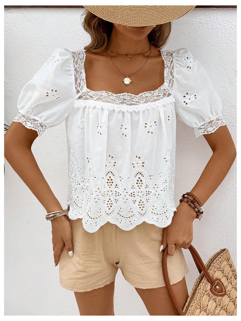 SweatyRocks Women's Square Neck Puff Sleeve Eyelet Lace Hollow Out Embroidered Top Blouse White Medium - Image 3