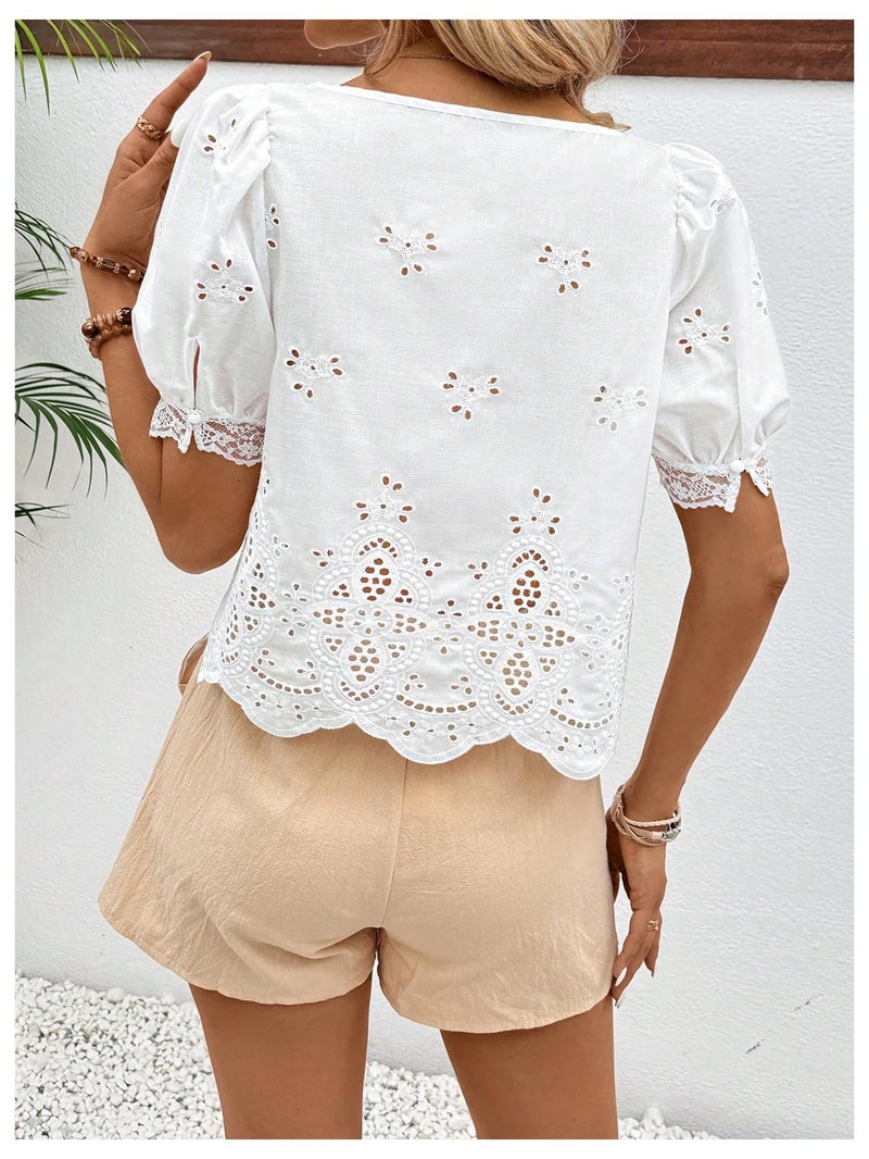 SweatyRocks Women's Square Neck Puff Sleeve Eyelet Lace Hollow Out Embroidered Top Blouse White Medium - Image 2