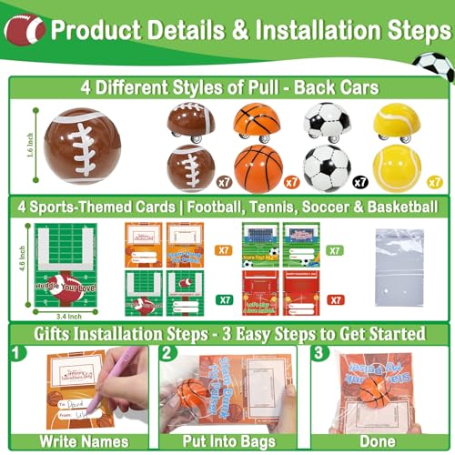 AMENON 3D Goals Cards as Race Track Pull Back Cars 28 Pack Valentine Gifts for Kids Toddlers Tabletop Sports Games Soccer Football Basketball Tennis Toys for Valentines Exchange School Prizes Party Favors - Image 5