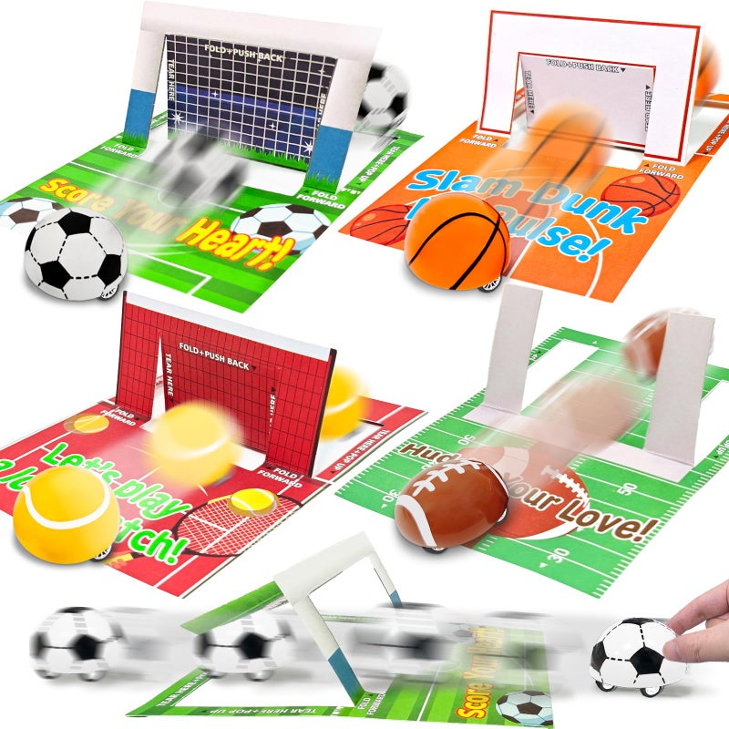 AMENON 3D Goals Cards as Race Track Pull Back Cars 28 Pack Valentine Gifts for Kids Toddlers Tabletop Sports Games Soccer Football Basketball Tennis Toys for Valentines Exchange School Prizes Party Favors - Image 3