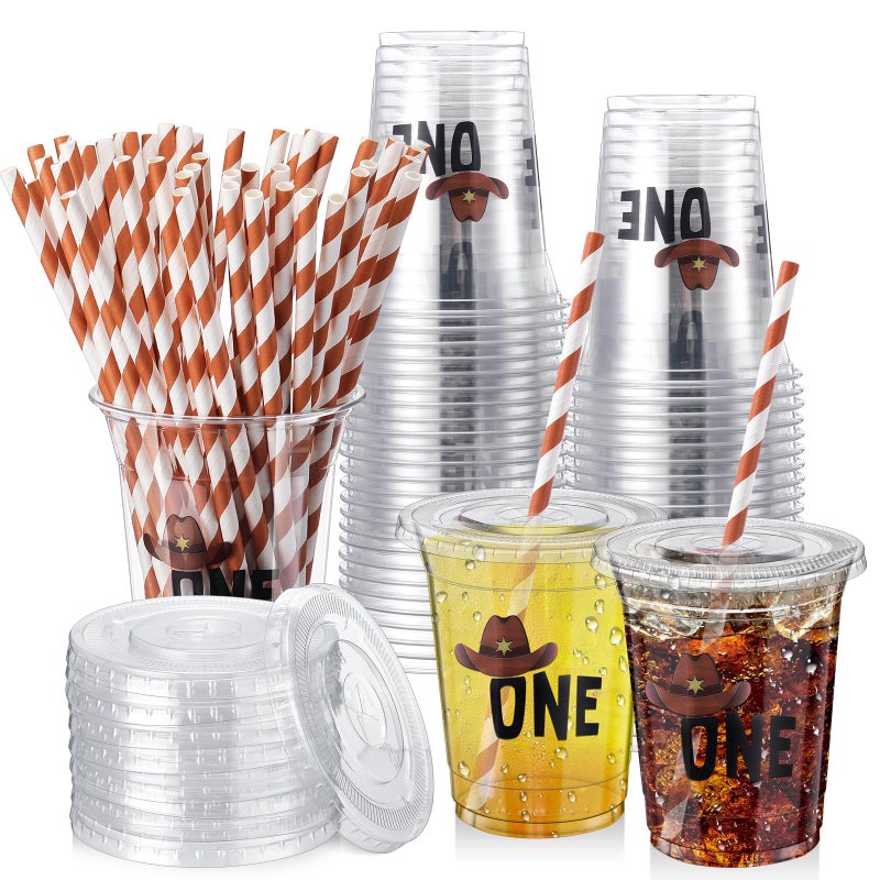 Skybooly 50 Pcs Cowboy First Birthday Plastic Cups with Lids and Straws Disposable 1st Birthday 12 oz Clear Cups Bulk Cold Beverage Drinking Cups for My First Retro Birthday Summer Party - Image 1