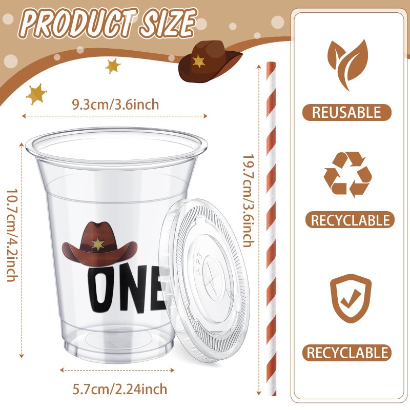 Skybooly 50 Pcs Cowboy First Birthday Plastic Cups with Lids and Straws Disposable 1st Birthday 12 oz Clear Cups Bulk Cold Beverage Drinking Cups for My First Retro Birthday Summer Party - Image 2