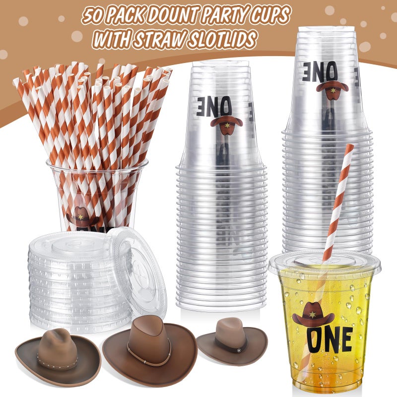 Skybooly 50 Pcs Cowboy First Birthday Plastic Cups with Lids and Straws Disposable 1st Birthday 12 oz Clear Cups Bulk Cold Beverage Drinking Cups for My First Retro Birthday Summer Party - Image 3