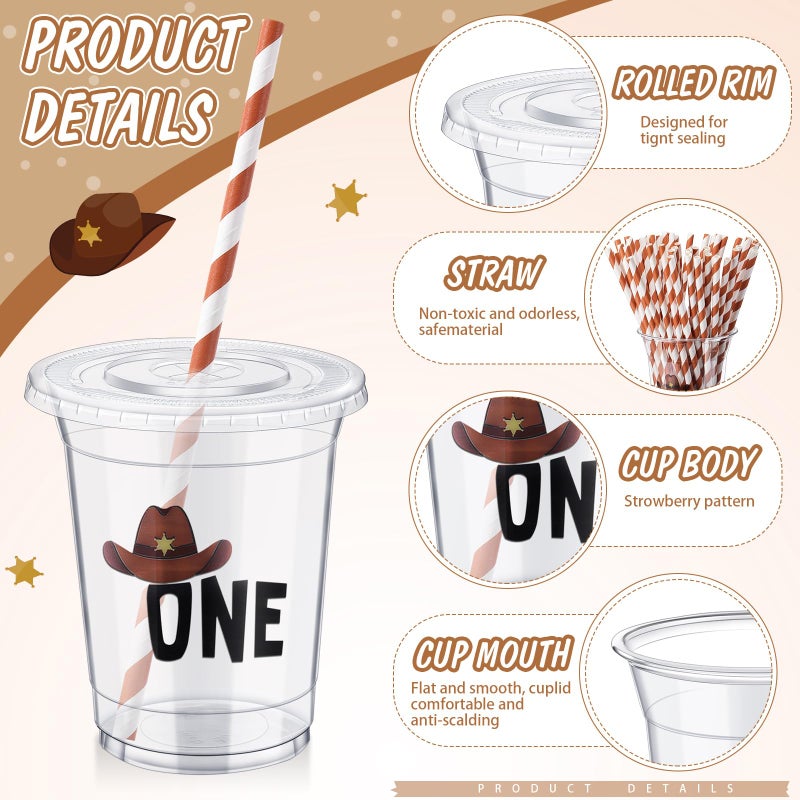 Skybooly 50 Pcs Cowboy First Birthday Plastic Cups with Lids and Straws Disposable 1st Birthday 12 oz Clear Cups Bulk Cold Beverage Drinking Cups for My First Retro Birthday Summer Party - Image 4