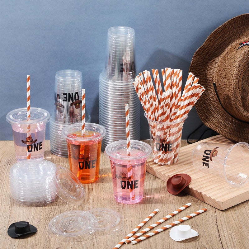 Skybooly 50 Pcs Cowboy First Birthday Plastic Cups with Lids and Straws Disposable 1st Birthday 12 oz Clear Cups Bulk Cold Beverage Drinking Cups for My First Retro Birthday Summer Party - Image 5