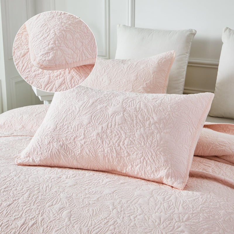 Brandream Queen Size Quilt Set Cotton Light Pink Floral Quilts Botanical Matelasse Coverlet Set 3-Piece - Image 5