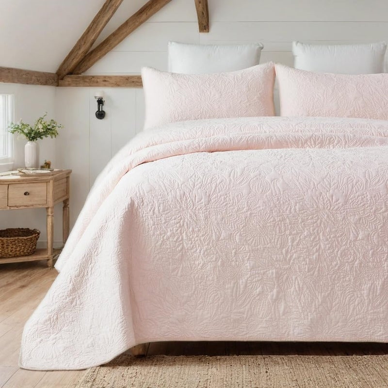 Brandream Queen Size Quilt Set Cotton Light Pink Floral Quilts Botanical Matelasse Coverlet Set 3-Piece - Image 1
