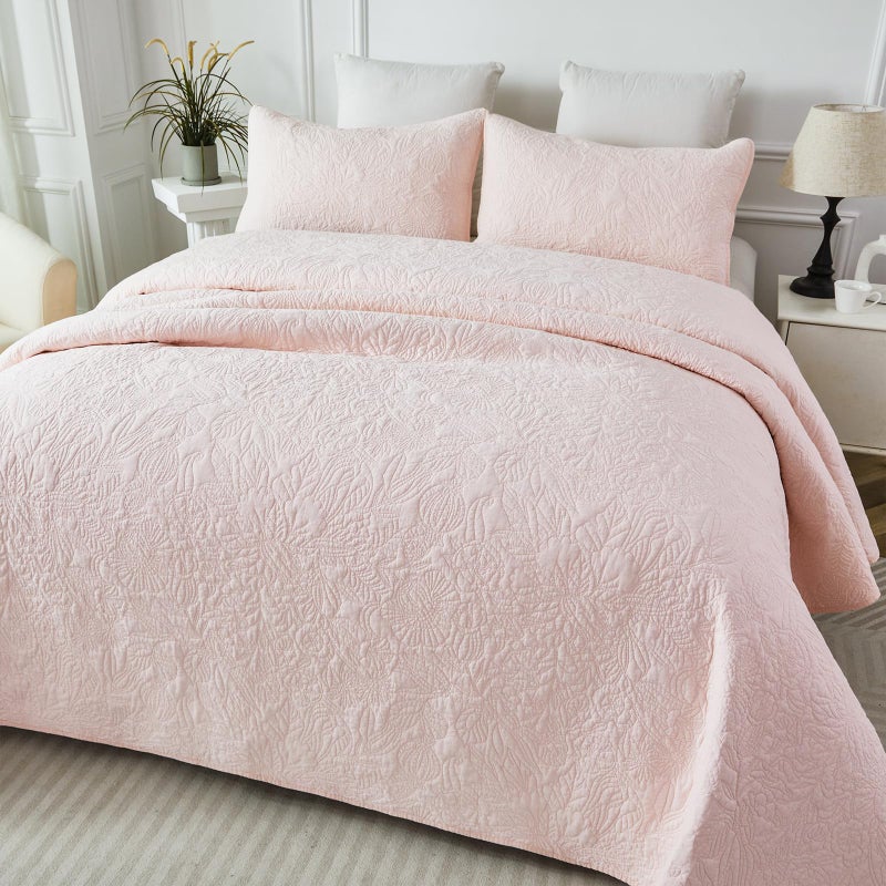 Brandream Queen Size Quilt Set Cotton Light Pink Floral Quilts Botanical Matelasse Coverlet Set 3-Piece - Image 3