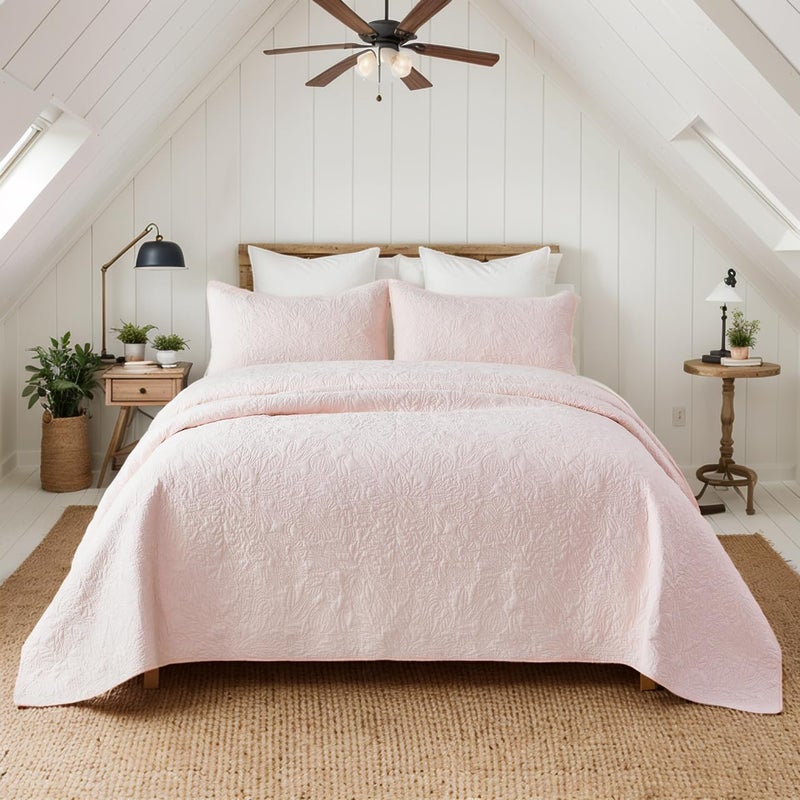 Brandream Queen Size Quilt Set Cotton Light Pink Floral Quilts Botanical Matelasse Coverlet Set 3-Piece - Image 2