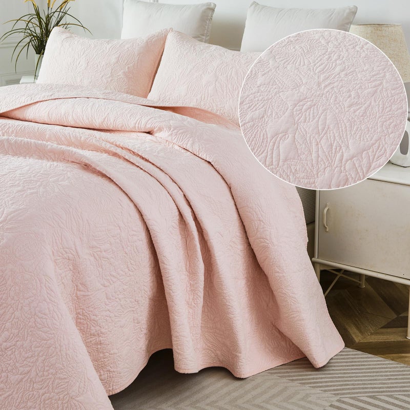Brandream Queen Size Quilt Set Cotton Light Pink Floral Quilts Botanical Matelasse Coverlet Set 3-Piece - Image 4