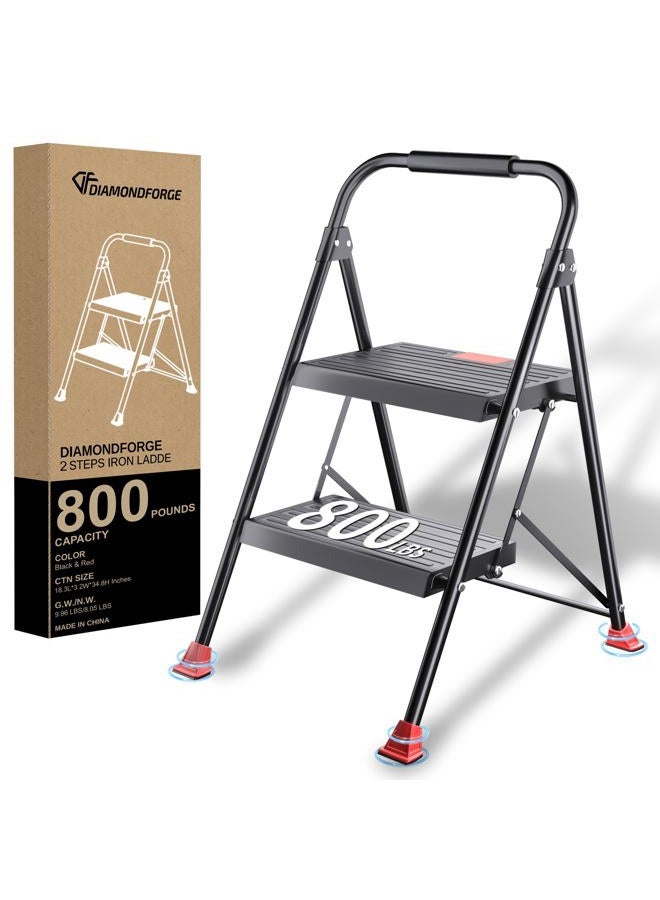 DIAMONDFORGE Foldable Step Ladder Stool - 2-Stepping Extension Tall Heavy Duty with Handrails, 800Lbs Capacity for Home Adults Kitchen, Closet Indoor House Extendable Stepstool Stair Ladders - Image 1