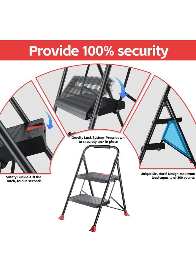 DIAMONDFORGE Foldable Step Ladder Stool - 2-Stepping Extension Tall Heavy Duty with Handrails, 800Lbs Capacity for Home Adults Kitchen, Closet Indoor House Extendable Stepstool Stair Ladders - Image 5