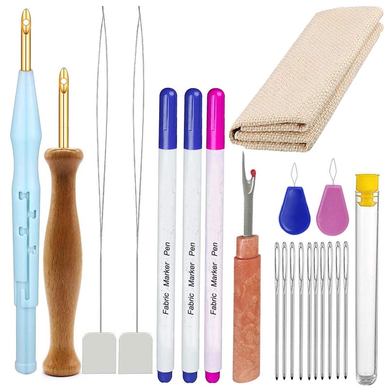 YAxis 21 Pcs Punch Needle Embroidery Kits Adjustable Rug Yarn Punch Needle Wooden Handle Embroidery Pen Fabric Marker Pen Monks Cloth