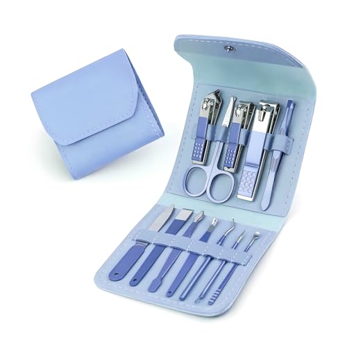 WISHKEY Professional Manicure Pedicure Set, 12-Piece Stainless Steel Nail Care Kit, Nail Cutter, Nail Scissors, Grooming Kit with Luxurious Travel Leather Case, Manicure Pedicure Kit For Women/Men-(Blue) - Image 1