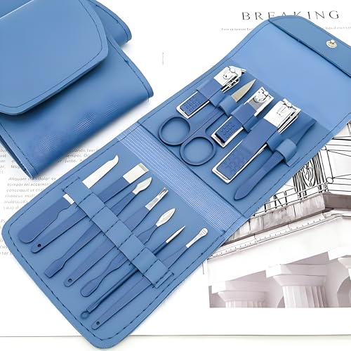 WISHKEY Professional Manicure Pedicure Set, 12-Piece Stainless Steel Nail Care Kit, Nail Cutter, Nail Scissors, Grooming Kit with Luxurious Travel Leather Case, Manicure Pedicure Kit For Women/Men-(Blue) - Image 2
