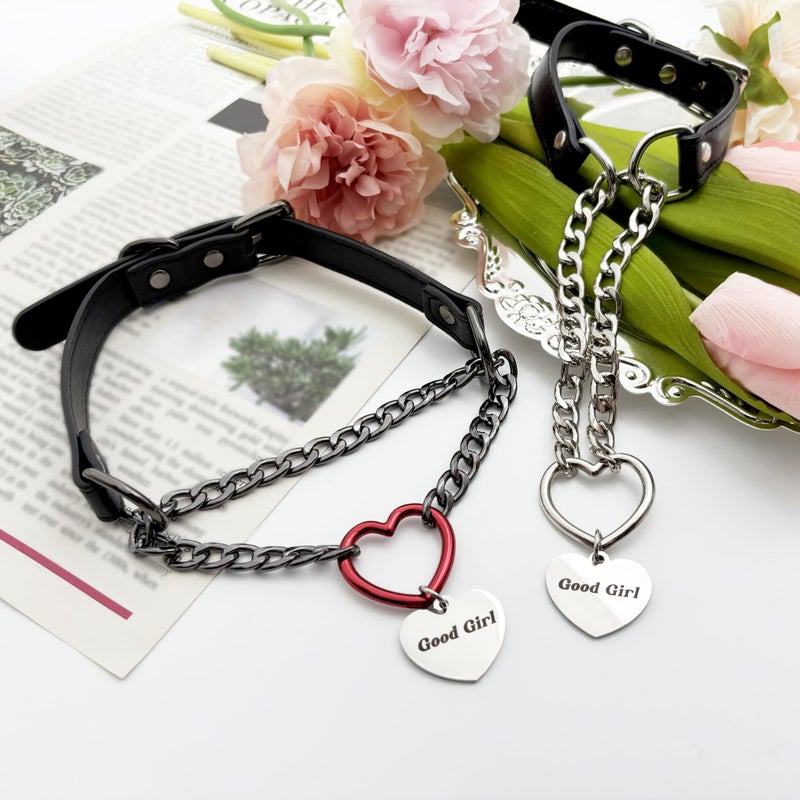 paloli Leather Slip Chain Choker â€“ Adjustable PU Vegan Collar With Heart Ring & Cuban Chain, Letter Heart Pendant Necklace for Women - Image 3