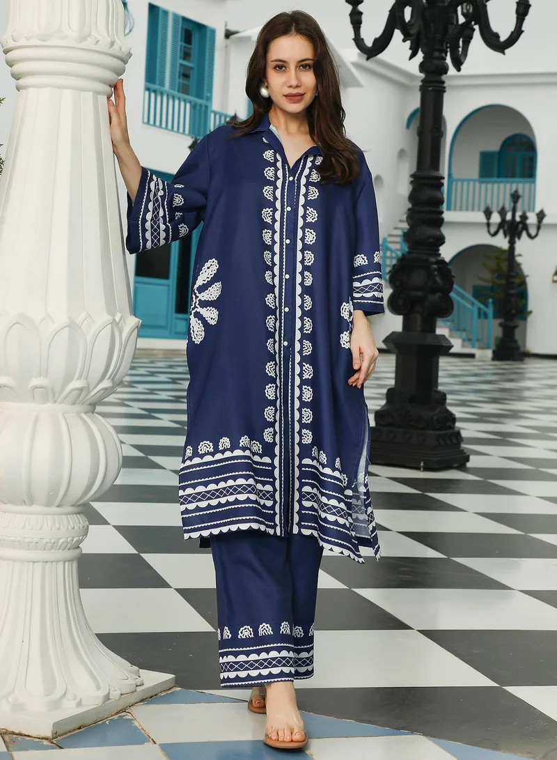 QISSA Qissa Women's Indigo Blue Indie Flora Lined-Imprint Kurta Set For Ethnic Wear | Spread Collar Quarter Sleeve | Floral Placement Print Plain Fabric | 2 Piece Kurta Set Designed For Casual & Daily Wear