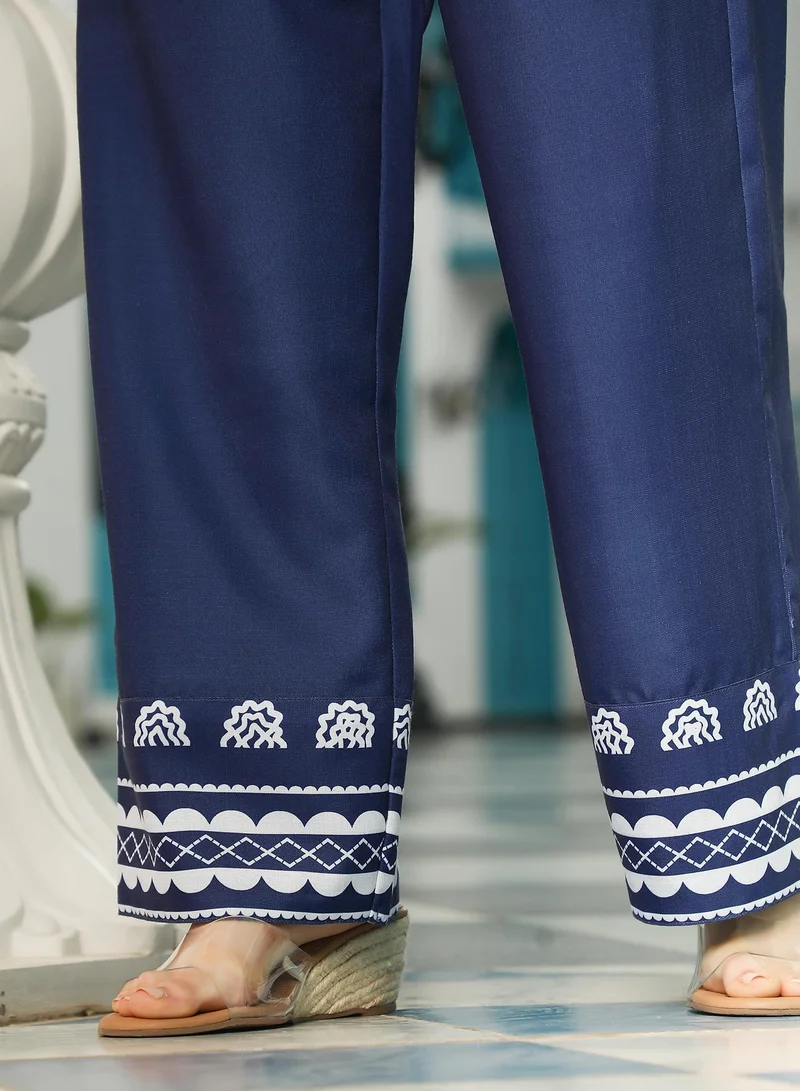 QISSA  Qissa Women's Indigo Blue Indie Flora Lined-Imprint Kurta Set For Ethnic Wear | Spread Collar Quarter Sleeve | Floral Placement Print Plain Fabric | 2 Piece Kurta Set Designed For Casual & Daily Wear for Women | Best Price UAE