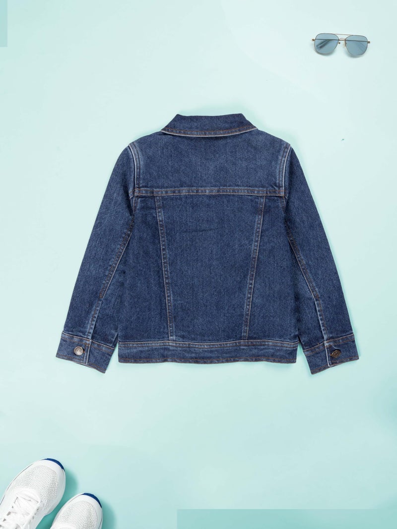 KiddoPanti Boys Denim Standard Length Jacket | Cotton Poly Blend with Lycra | Washed Denim, Full Sleeve | Button Closure & Front Flap Pockets | Collared Neck, Dk Rag Wash - 8-10Y - Image 4