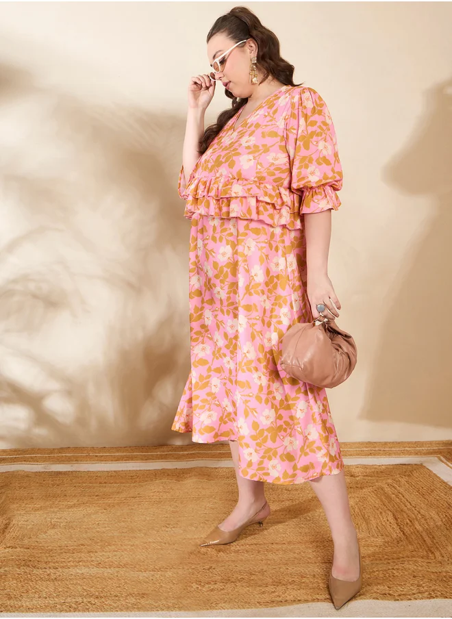 ساسافراس Plus Size Floral Print Peplum Detail Midi Dress