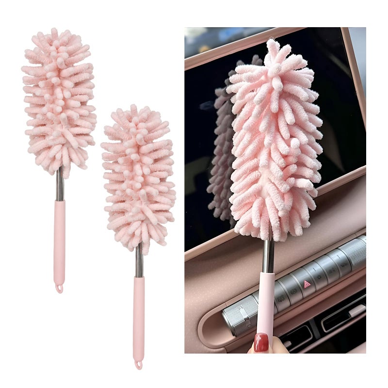 NYTKL 2PCS Car Interior Duster with Extension Pole 118 to 305 Retractable Dusters Auto Dash Cleaning Tool Soft Chenille Hand Washable Dusters for Car Window Furniture Office Light Pink - Image 3