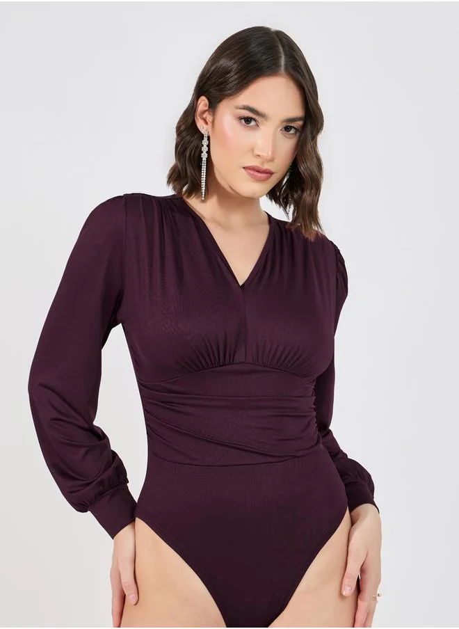 Styli Gathered Waist V Neck Bodysuit