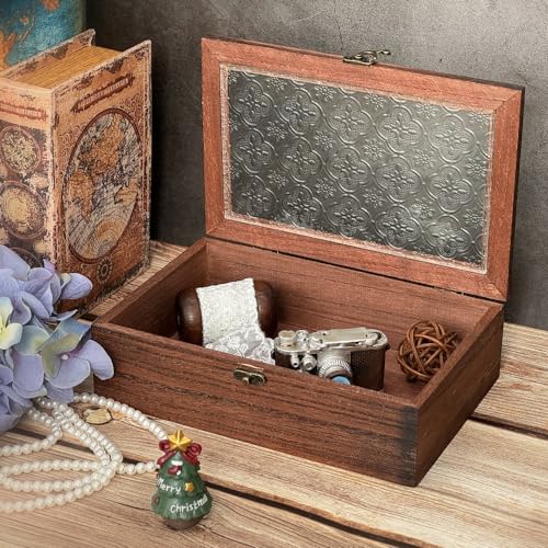 Amedoo Decorative Box, Vintage Wooden Storage Box with Glass Lid, Keepsake Box, Decorative Storage Box for Photo, Memory, Jewelry, Trinket, Christmas Gift and Home Decoration (Medium) - Image 3
