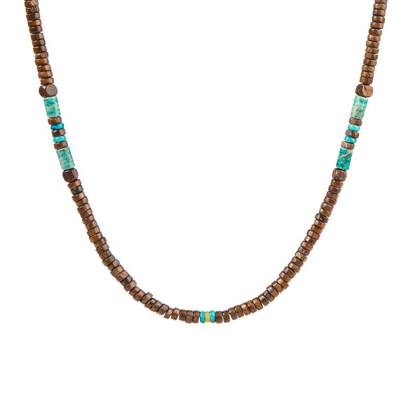 Minza “Sinagura” Men’s Necklace, Pure 18K Gold Bead, Turquoise Jasper & Natural Wood Beads, Handmade Adjustable Hemp Cord Necklace, Jewelry for Casual & Everyday Wear. - Image 1