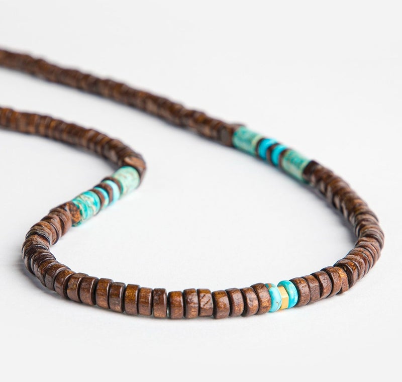 Minza “Sinagura” Men’s Necklace, Pure 18K Gold Bead, Turquoise Jasper & Natural Wood Beads, Handmade Adjustable Hemp Cord Necklace, Jewelry for Casual & Everyday Wear. - Image 5