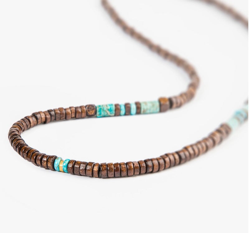 Minza “Sinagura” Men’s Necklace, Pure 18K Gold Bead, Turquoise Jasper & Natural Wood Beads, Handmade Adjustable Hemp Cord Necklace, Jewelry for Casual & Everyday Wear. - Image 2