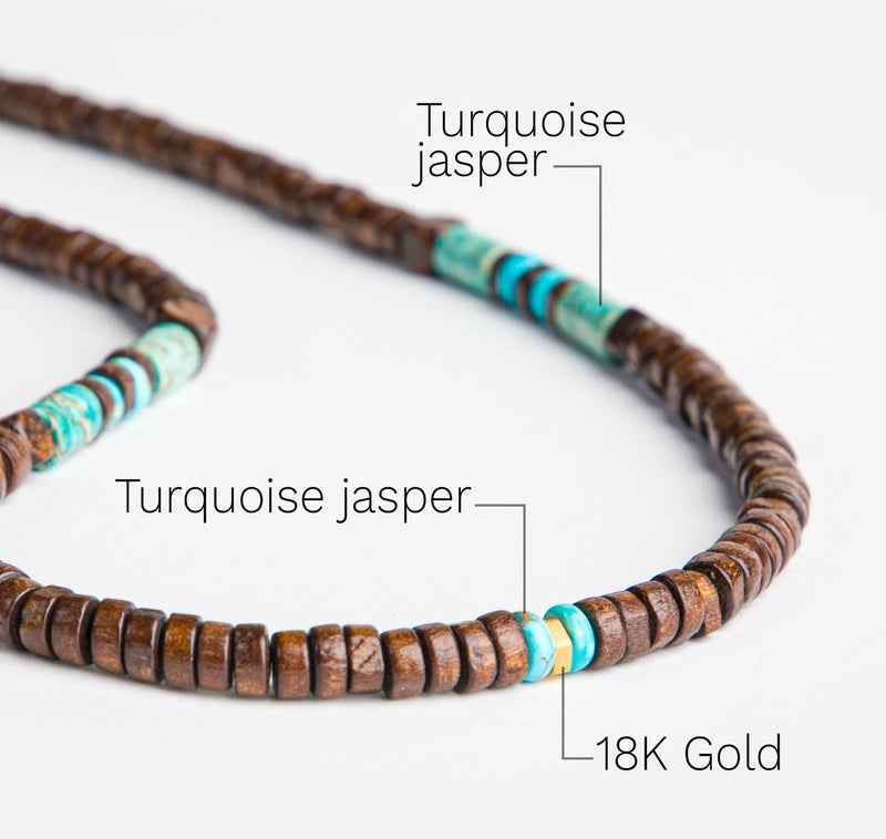 Minza “Sinagura” Men’s Necklace, Pure 18K Gold Bead, Turquoise Jasper & Natural Wood Beads, Handmade Adjustable Hemp Cord Necklace, Jewelry for Casual & Everyday Wear. - Image 4