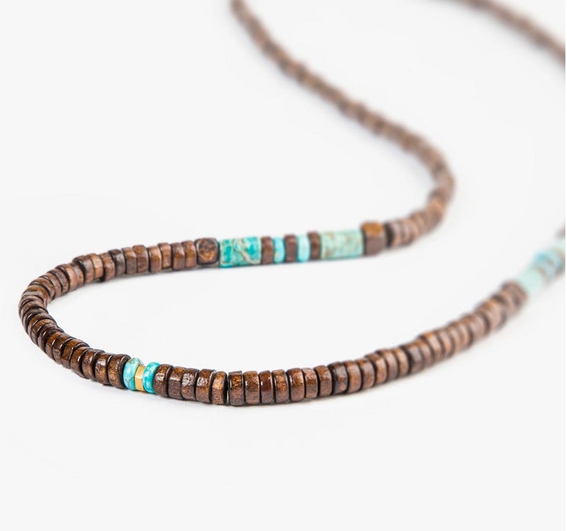 Minza “Sinagura” Men’s Necklace, Pure 18K Gold Bead, Turquoise Jasper & Natural Wood Beads, Handmade Adjustable Hemp Cord Necklace, Jewelry for Casual & Everyday Wear. - Image 3