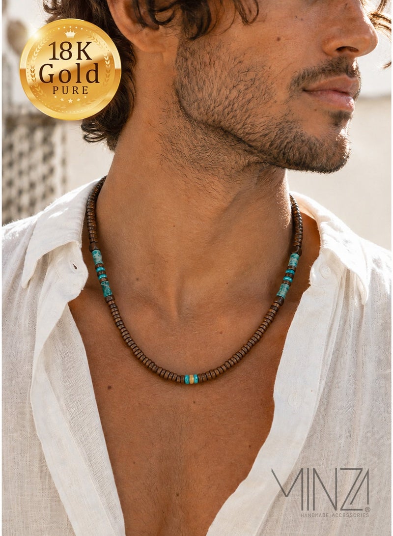 Minza “Sinagura” Men’s Necklace, Pure 18K Gold Bead, Turquoise Jasper & Natural Wood Beads, Handmade Adjustable Hemp Cord Necklace, Jewelry for Casual & Everyday Wear. - Image 1