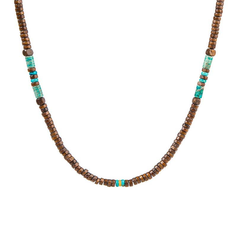 Minza “Sinagura” Men’s Necklace, Pure 18K Gold Bead, Turquoise Jasper & Natural Wood Beads, Handmade Adjustable Hemp Cord Necklace, Jewelry for Casual & Everyday Wear. - Image 2