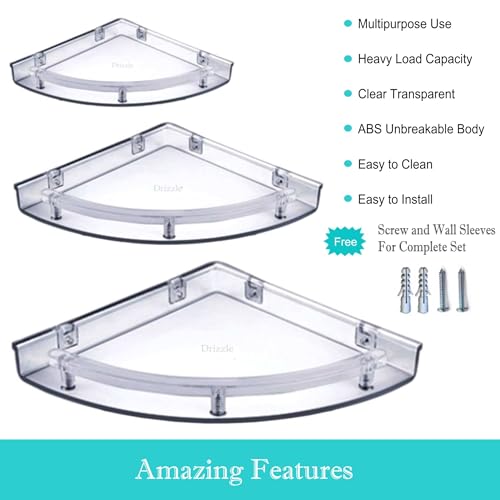 DRIZZLE ABS Corner Shelf Super Clear | Unbreakable Transparent Bathroom Shelves | Multipurpose Use (Size 7 inch, 9 inch, 11 inch) - Set of 1 (3 Pieces) - Image 3