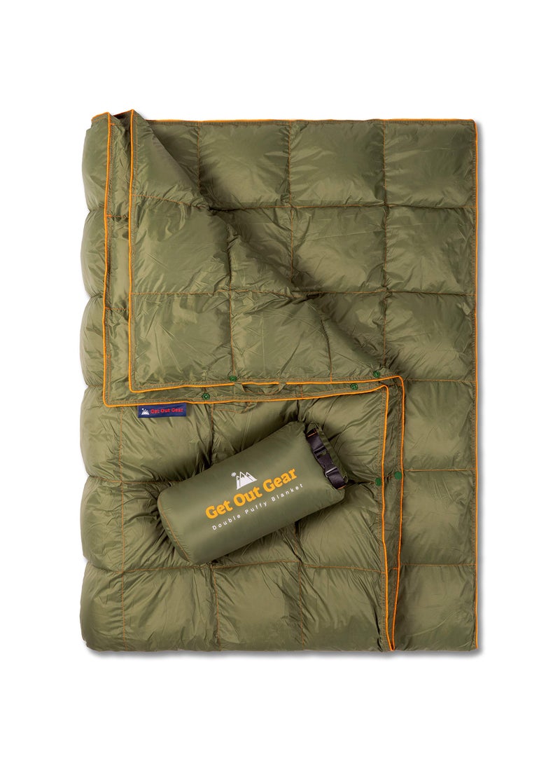 Get Out Gear Get Out Gear Double Puffy Camping Blanket  Extra Puffy Packable Lightweight and Warm  Ideal for Outdoors Travel Stadium Festivals Beach Hammock  WaterResistant Camp Quilt OliveOrange 
