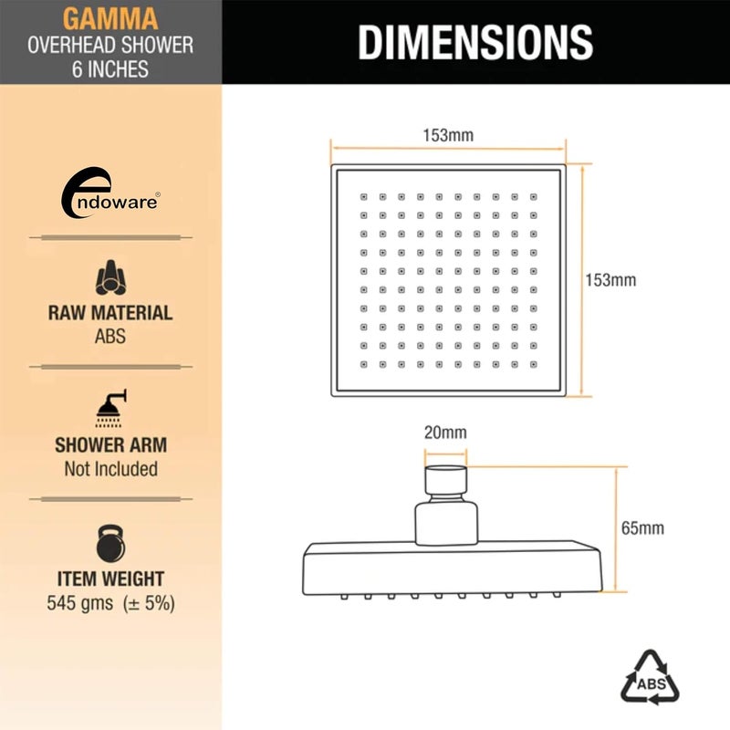 Endoware Gamma 6 x 6 Inch Luxury Overhead Shower Powerful Water Flow - Image 2