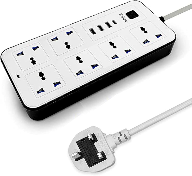 زها سلك التمديد العالمي زها 5 أمتار مع 6 مقبس طاقة و 3 منافذ USB، شريط طاقة 6 منافذ مع منفذ شحن USB نوع C PD، سلك التمديد 5 أمتار - أبيض (6S+3U-1PD+5M) - Image 1
