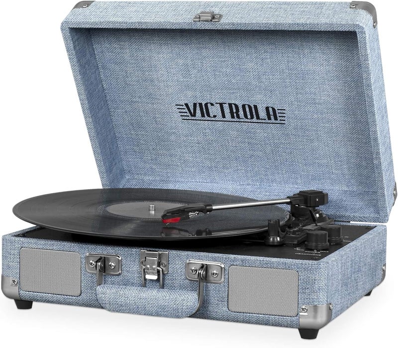 Victrola Journey Bluetooth Portable Suitcase Record Player â€“ with Built-in Speakers, 3 Speed Vinyl Record Player, RCA Out, Headphone Jack (Light Denim Blue Linen) - Image 1