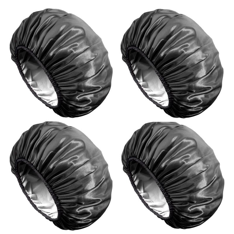 Aquior Shower Cap, Extra Large Shower Cap for Men, Satin EVA Double Layer Waterproof Reusable Hair Cap for Women Long Hair(All Black 4 Pack) - Image 1