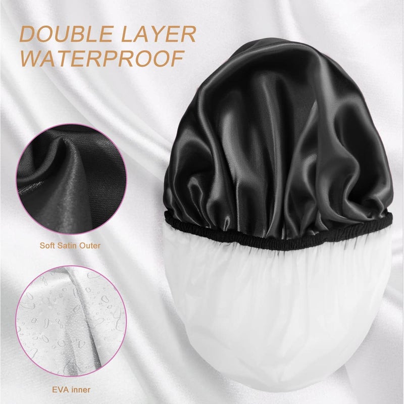 Aquior Shower Cap, Extra Large Shower Cap for Men, Satin EVA Double Layer Waterproof Reusable Hair Cap for Women Long Hair(All Black 4 Pack) - Image 5