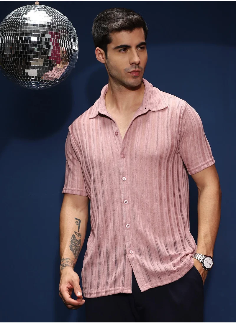 كامبوس سوترا Men's Rouge Pink Ridge Knit Shirt For Casual Wear | Spread Collar | Short Regular Sleeves | Button Closure | Shirt Shirt Crafted With Comfort Fit For Everyday Wear