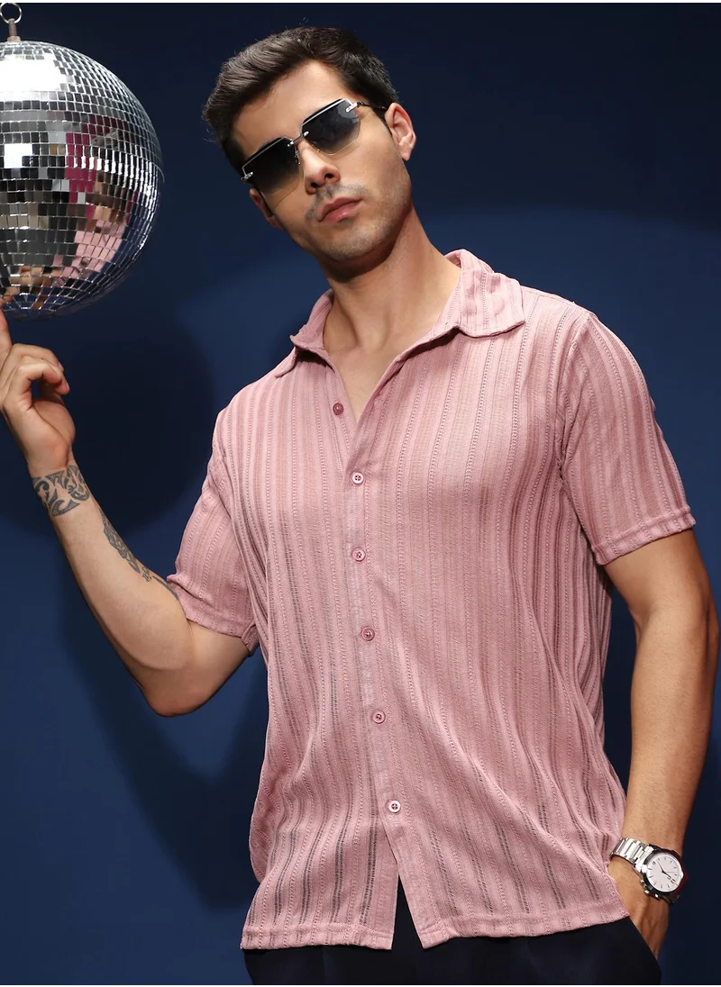 كامبوس سوترا Men's Rouge Pink Ridge Knit Shirt For Casual Wear | Spread Collar | Short Regular Sleeves | Button Closure | Shirt Shirt Crafted With Comfort Fit For Everyday Wear