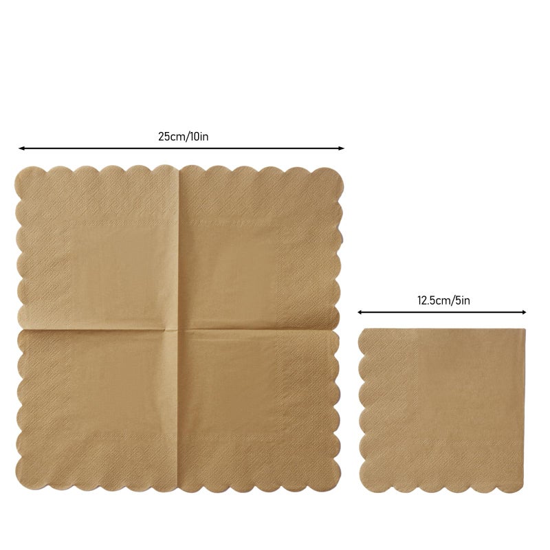BEFORYOU 100 Pack Cocktail Napkin 2-Ply Scalloped Edged Dessert Napkins Folded 5 x 5 Inches Disposable Napkins for Dinner Wedding Birthday Party Bridal Anniversary Reception Event (Brown) - Image 1