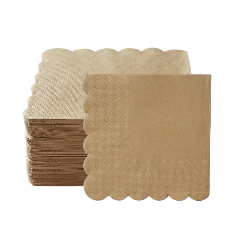 BEFORYOU 100 Pack Cocktail Napkin 2-Ply Scalloped Edged Dessert Napkins Folded 5 x 5 Inches Disposable Napkins for Dinner Wedding Birthday Party Bridal Anniversary Reception Event (Brown) - Image 3