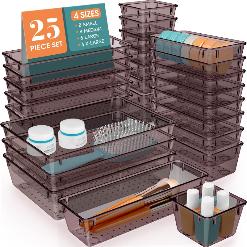 WOWBOX 25 PCS Plastic Drawer Organizer Set 4 Sizes Desk Drawer Divider Organizers and Storage Bins for Makeup Jewelry Gadgets for Kitchen Bedroom Bathroom Office Clear Brown - Image 2