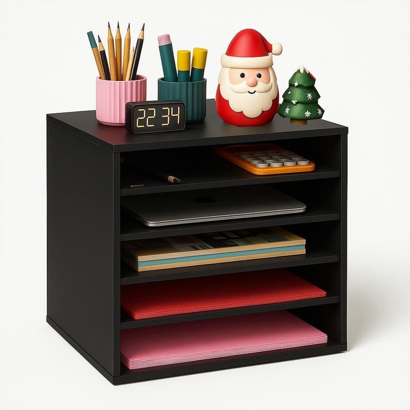 EMERIT 4-Tier Adjustable Paper Organizer, Large Capacity Book Shelf for Textbooks/Magazines/Office Files, Wooden Dividers, 7 lbs per Shelf, Black - Image 1
