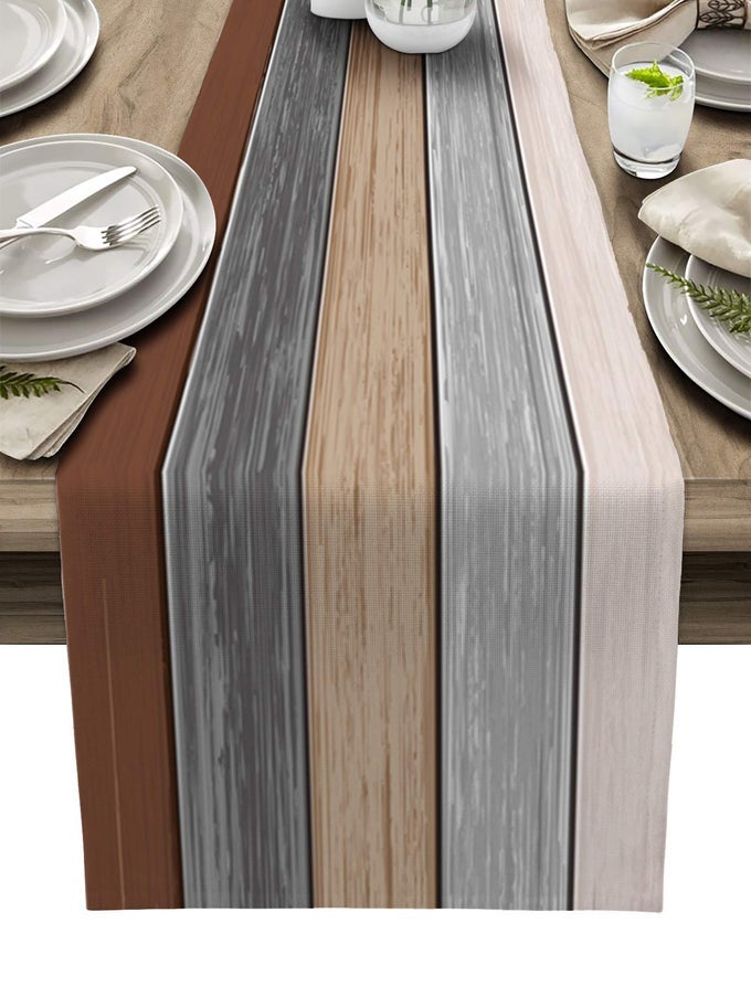 FARMHOUSE COTTON LINEN TABLE RUNNER DRESSER SCARF RETRO RUSTIC BARN WOOD TEXTURE OMBRE GROUND COLOR BROWN GREY NONSLIP RECTANGLE SETTINGS DECORATION FOR KITCHEN HOME DINING HOLIDAY70 INCHES LONG
