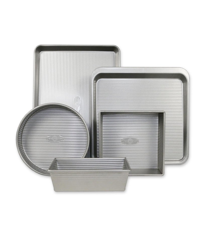 USA Pan Bakeware Aluminzed Steel 5Piece Set Half Cookie Sheet Loaf Square Round Cake Pan